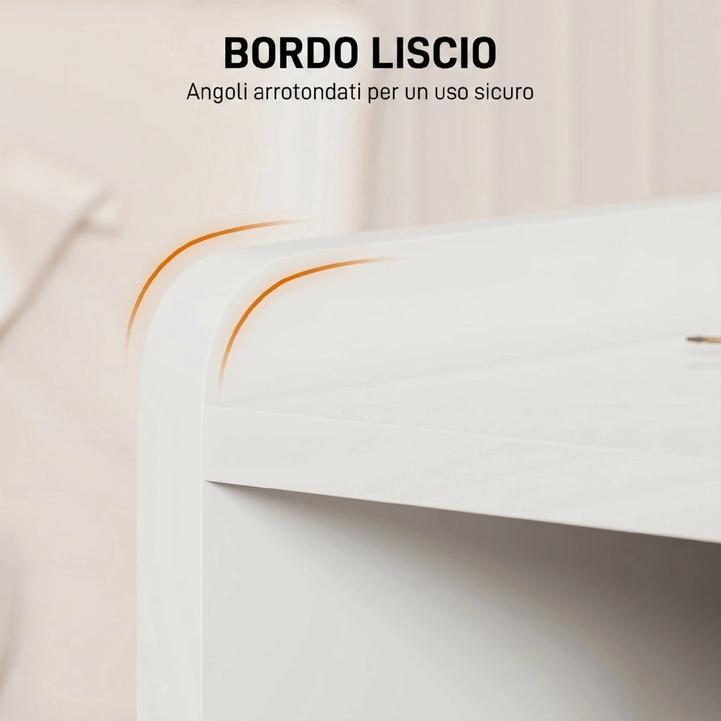 Comodino 40x30x60 cm con 2 Cassetti e Mensole Portaoggetti in Legno Bianco Lucido