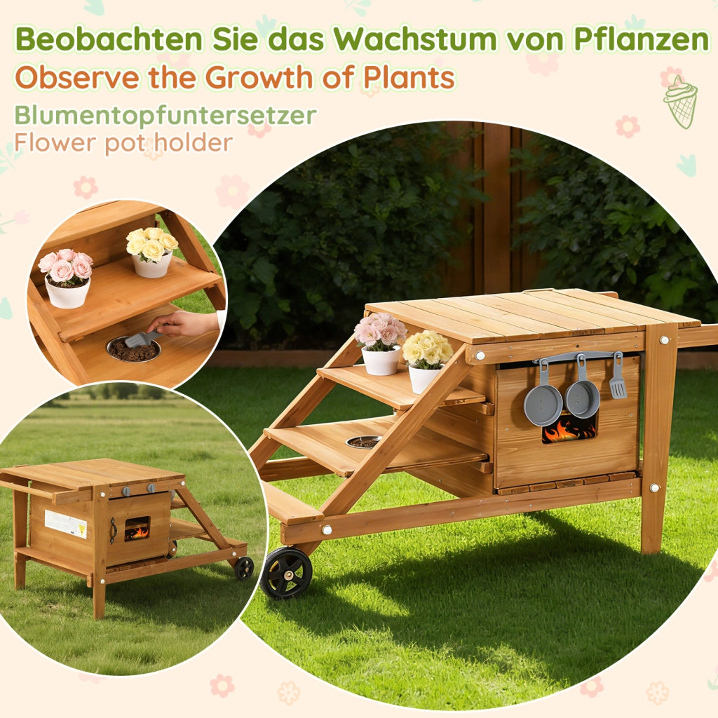 Cucina da Gioco per Bambini da Esterno ¨C Minimal ¨C in Legno Naturale con Ruote e Accessori