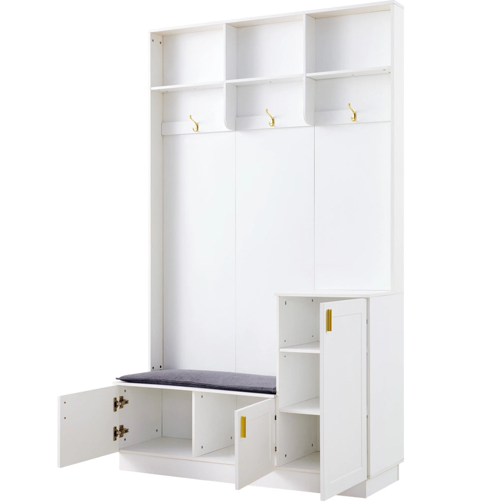 Appendiabiti da ingresso con panca e scarpiera; ripiano regolabile; 120x40x200 cm; bianco