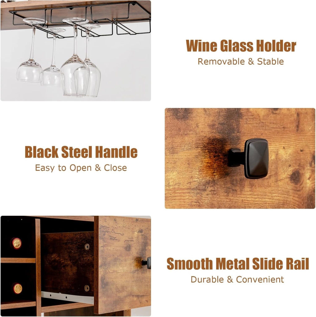 Credenza da Cucina per Vino, Mobile Bar con Ripiani a 3 Livelli, 18 Portabottiglie, Portabicchieri, Mobile Portabottiglie con Cassetto per Sala da Pranzo, Soggiorno, Marrone, 74 x 40 x 160cm