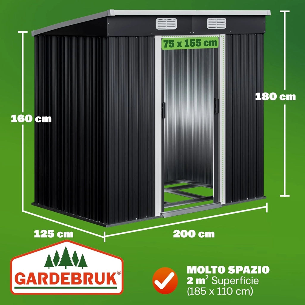 ® Casetta da Giardino Capanno Attrezzi Giardinaggio in Metallo 2m² con Fondamenta 200x125x180cm Porta Scorrevole Casetta per Attrezzi verde Capanna da Esterno 4m³