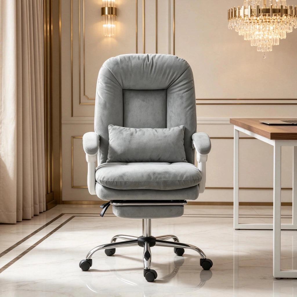 Sedia da ufficio ergonomica in velluto reclinabile fino a 155° con poggiapiedi e cuscino lombare grigio
