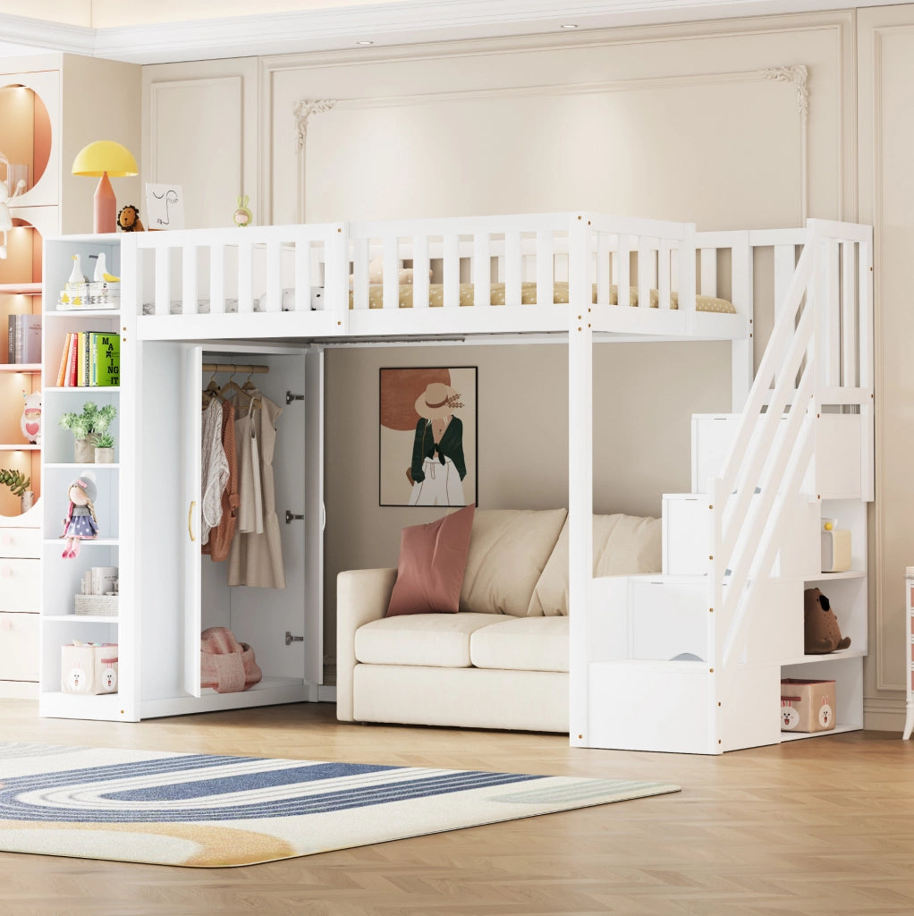Letto a soppalco 90x200 cm con armadio, scaffali e scala contenitore