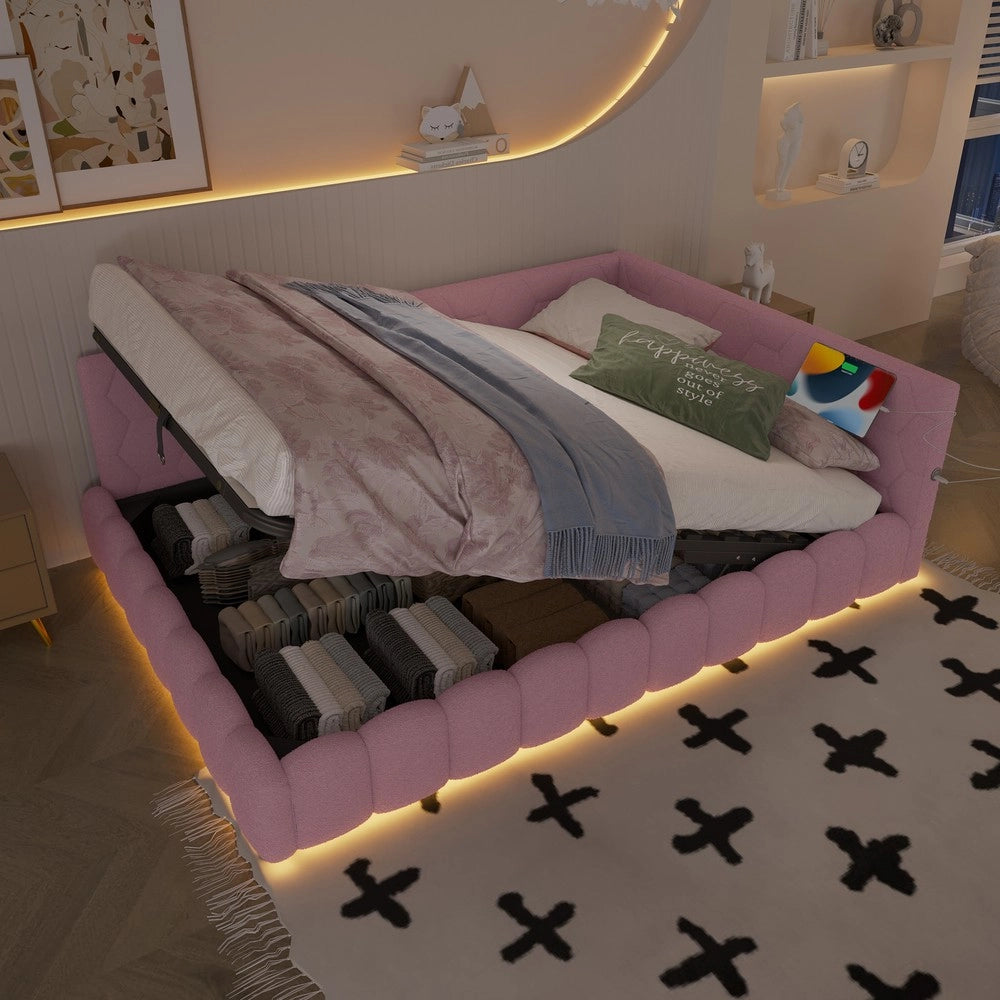 Letto Contenitore Imbottito con LED ¨C MINIMAL ¨C Rosa 140x200, Idraulico, USB