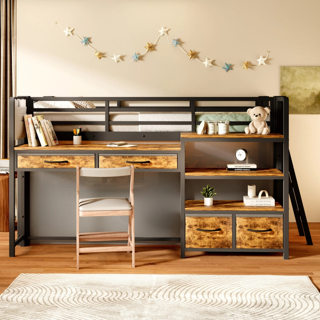 Letto a soppalco 90 × 200 cm con scrivania ripiani cassetti in tessuto e LED multicolore in metallo e MDF nero