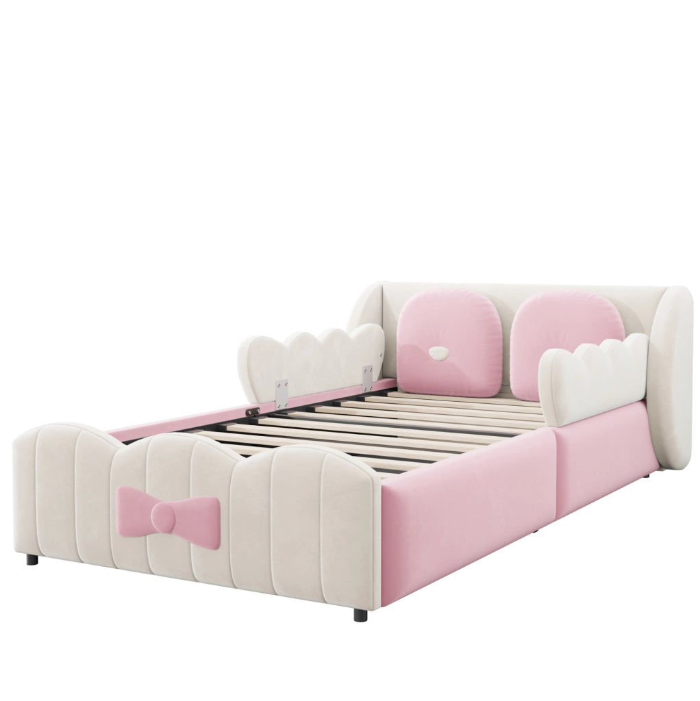 Letto per bambini imbottito 90x200 cm in velluto beige con contenitore idraulico e cuscini