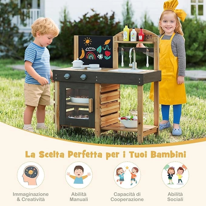 Cucina Giocattolo per Bambini, Cucina Legno per Bambini con Lavagna, Fornelli, Lavandino, Rubinetto, Forno, Accessori Generosi, Mensole di Stoccaggio, per 3+ Anni
