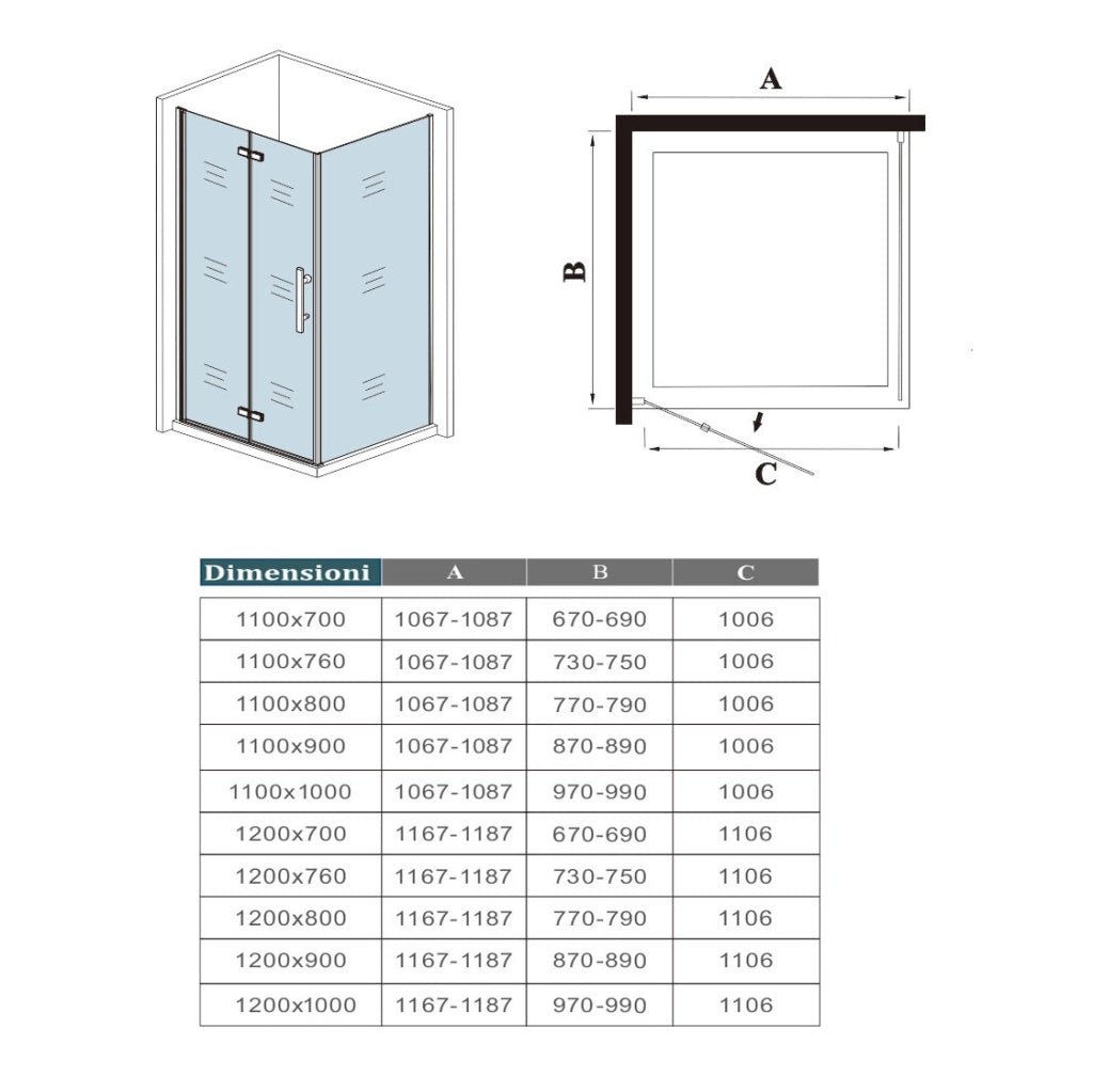 185 cm Box Doccia Angolare 110x70 cm Porta Battente Pieghevole 110 Parete Fissa 70 Vetro Temperato 6 mm Anticalcare Barra Stabilizzatrice da 45 cm Dorato Spazzolato