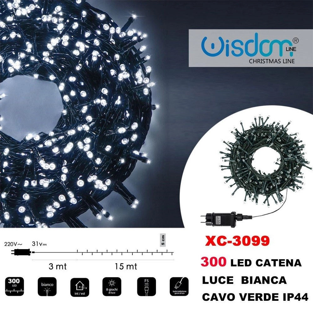 Trade Shop - Catena Luminosa 300 Luci Led Lucciole Luce Bianca Cavo Verde Ip44 Xc-3099 -