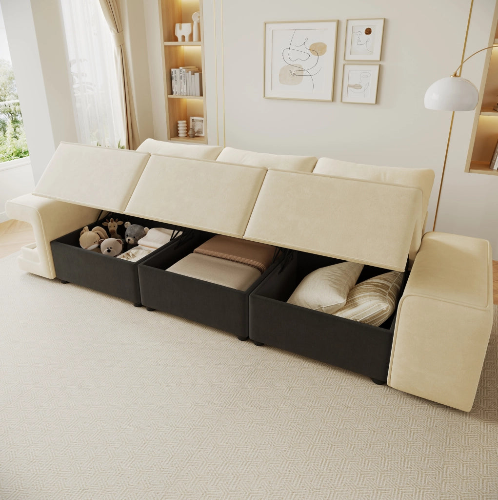 Divano modulare 3 posti in velluto beige con vani per animali