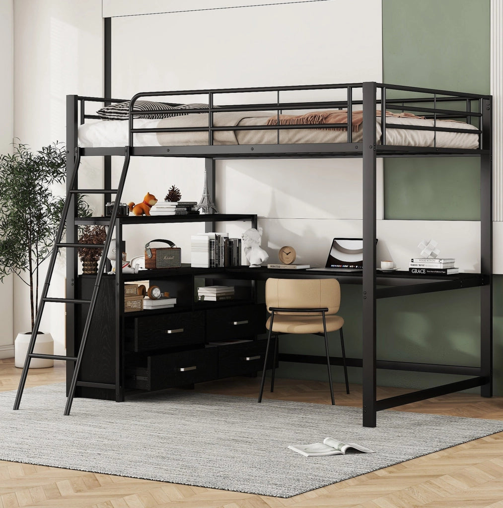 Letto a soppalco 140x200 cm con scrivania a L e cassetti; nero
