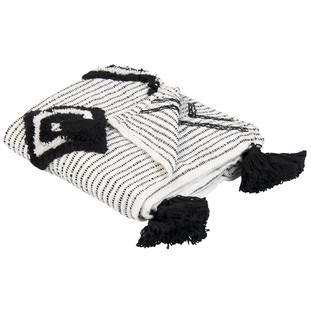 Coperta in poliestere bianco e nero PET 130 x 150 cm con frange decorative Realizzata a mano