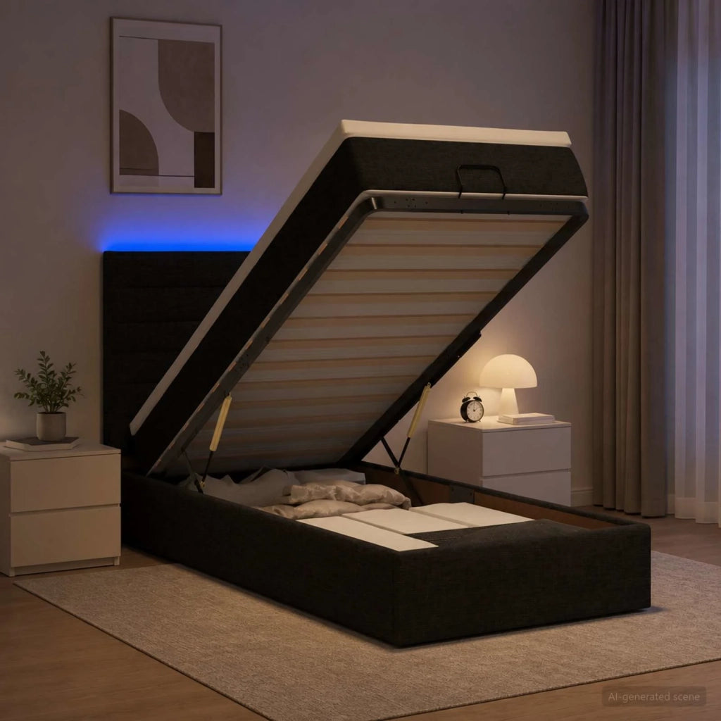 Letto Ottomano con Materasso e LED Nero 90 x 200 cm Tessuto 3457960