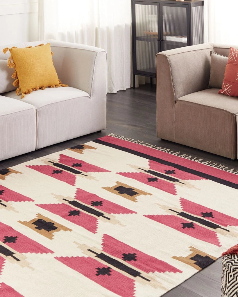 Tappeto Kilim in cotone tessuto a mano reversibile con motivo geometrico e nappe multicolore 200 x 300 cm soggiorno camera da letto