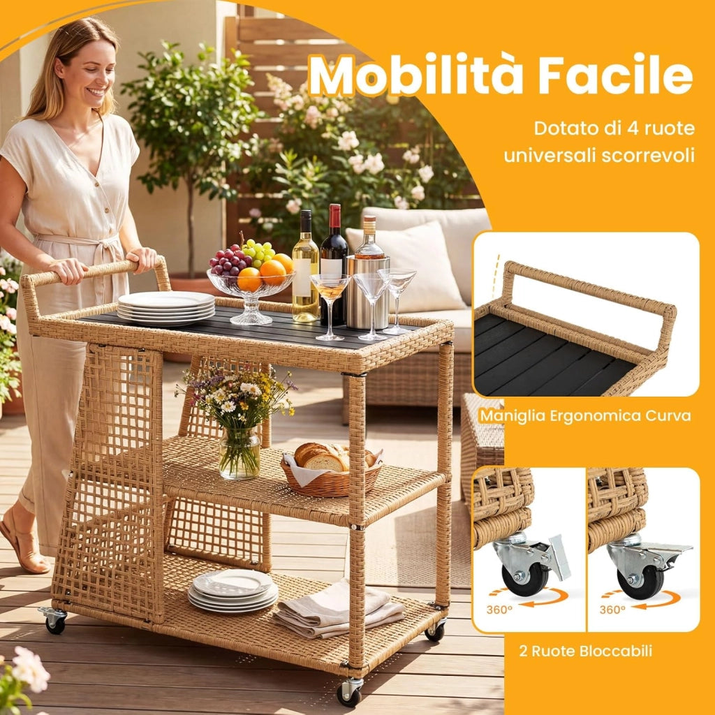 Carrello Bar da Esterno, Carrello Portavivande in Rattan con 4 Ruote, 3 Ripiani Aperto e Maniglia Laterale, Carrellino da Servizio per Cucina, Giardino e Bordo Piscina, 98 x 54 x 92 cm