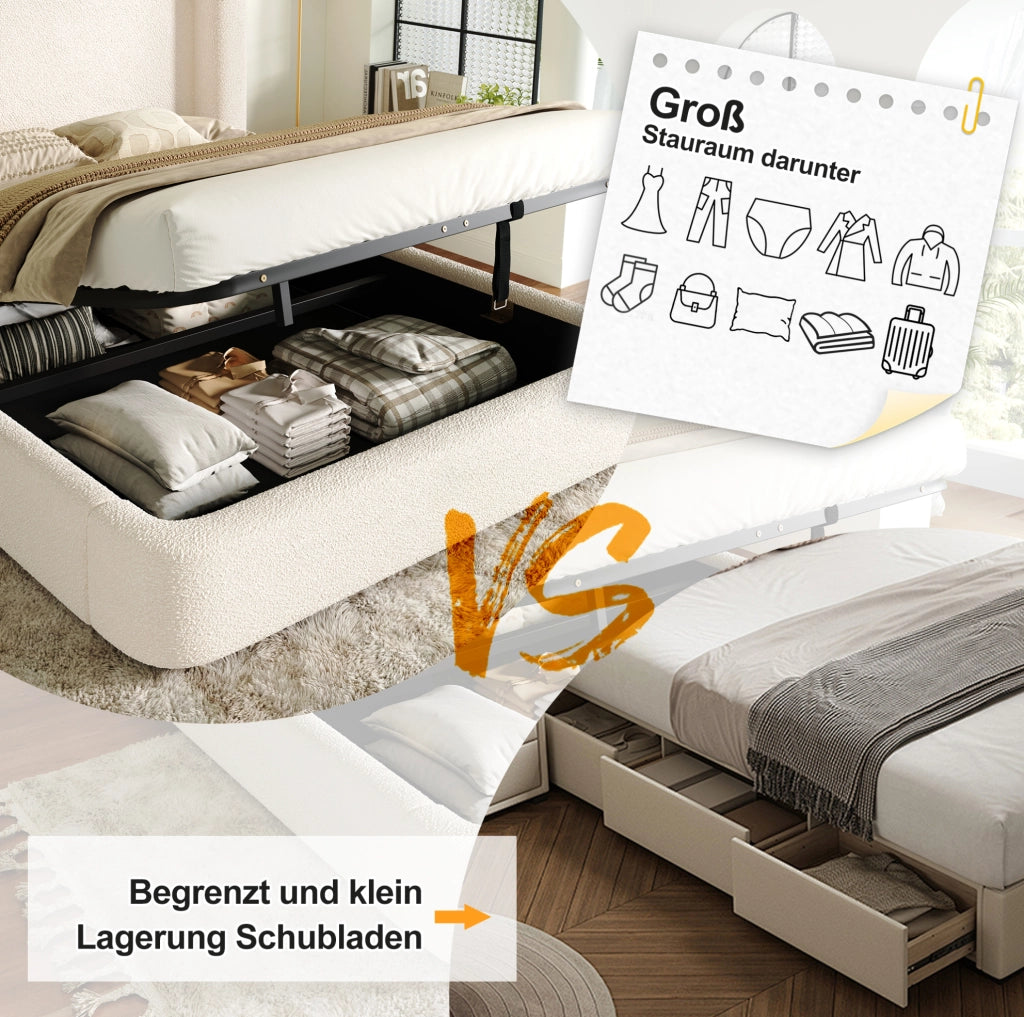 Letto imbottito beige Bouclé con contenitore idraulico