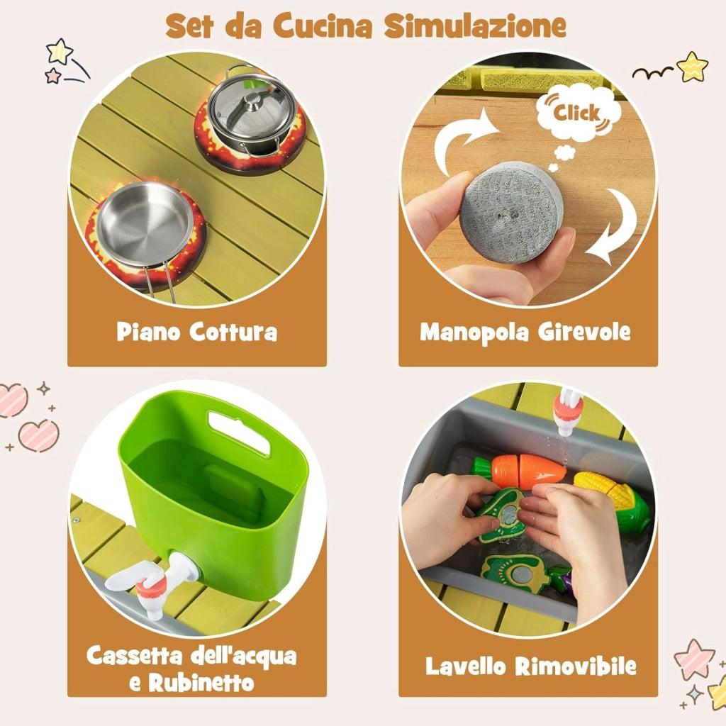 Cucina Giocattolo per Giardino in Legno di Abete, Cucina per Bambini con Serbatoio dell'Acqua e Lavello Rimovibili, 3 Ripiani Aperti, Funzione Suoni, per Bambini 3+ Anni (Naturale)