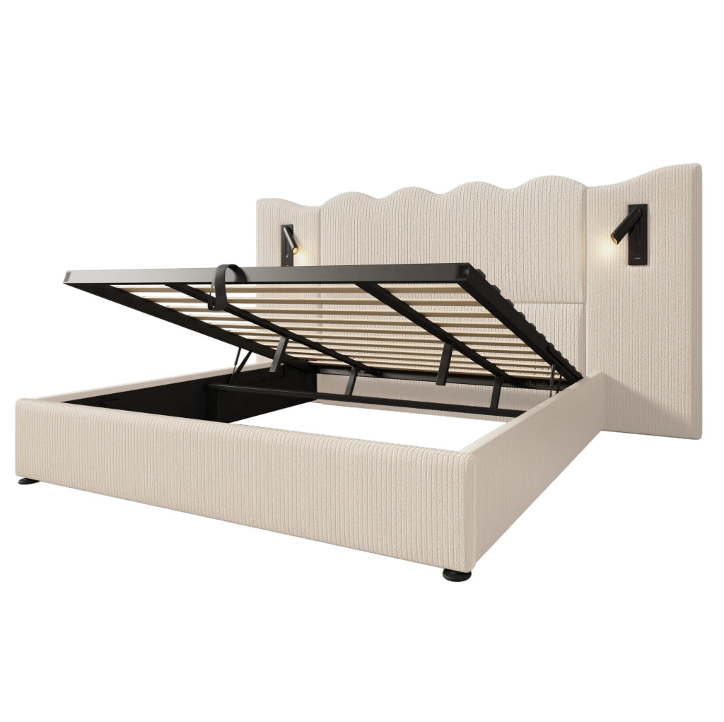 Letto contenitore 180x200 cm con lampada da lettura e USB C; velluto a coste beige