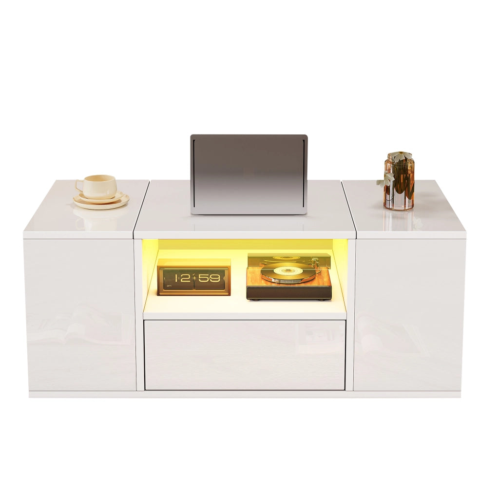 Tavolino da salotto 100 x 50 x 40 cm con cassetto, 2 vani chiusi, vani aperti e illuminazione LED, bianco lucido