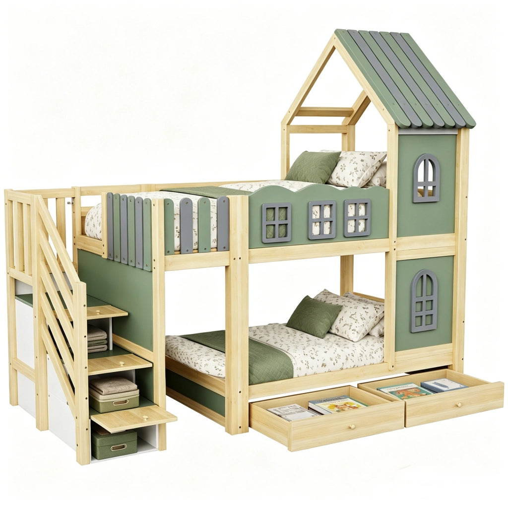 Letto a castello per bambini 90x200 cm a casetta con scala contenitore; verde; grigio e legno naturale