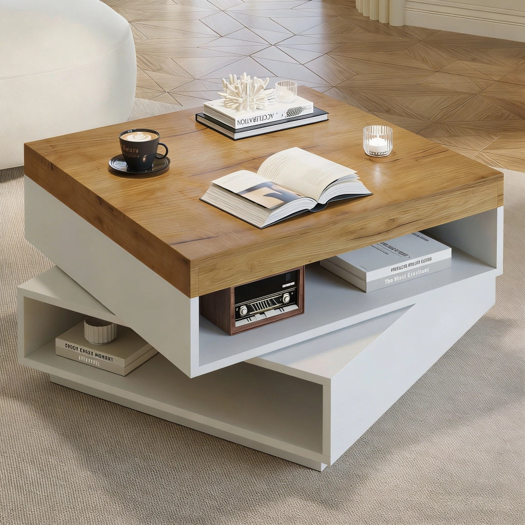 Tavolino basso quadrato girevole a 360° con LED e vani aperti in MDF bianco e legno 65 × 65 × 40 cm