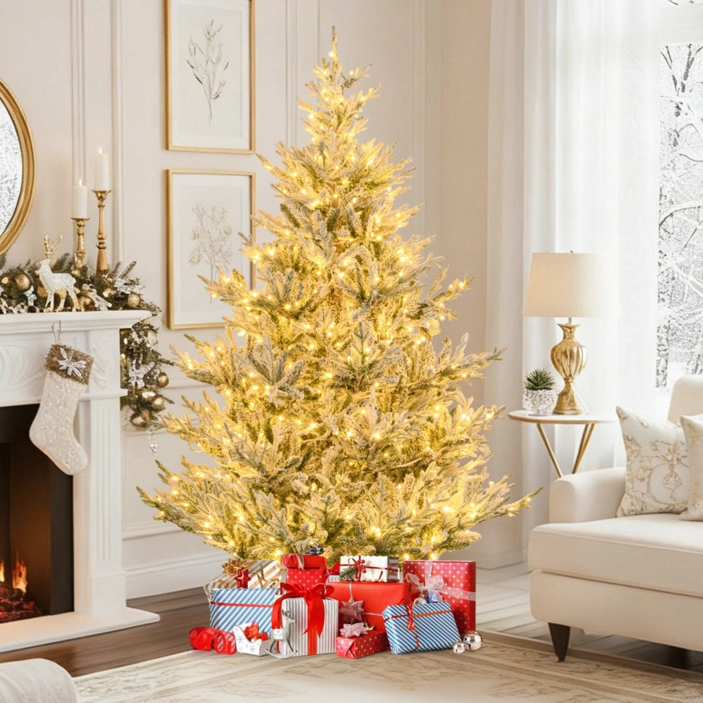 Albero artificiale preilluminato da 210cm luminosit¨¤ regolabile, Albero di natale innevato con rami articolati Verde-Alberi di Natale