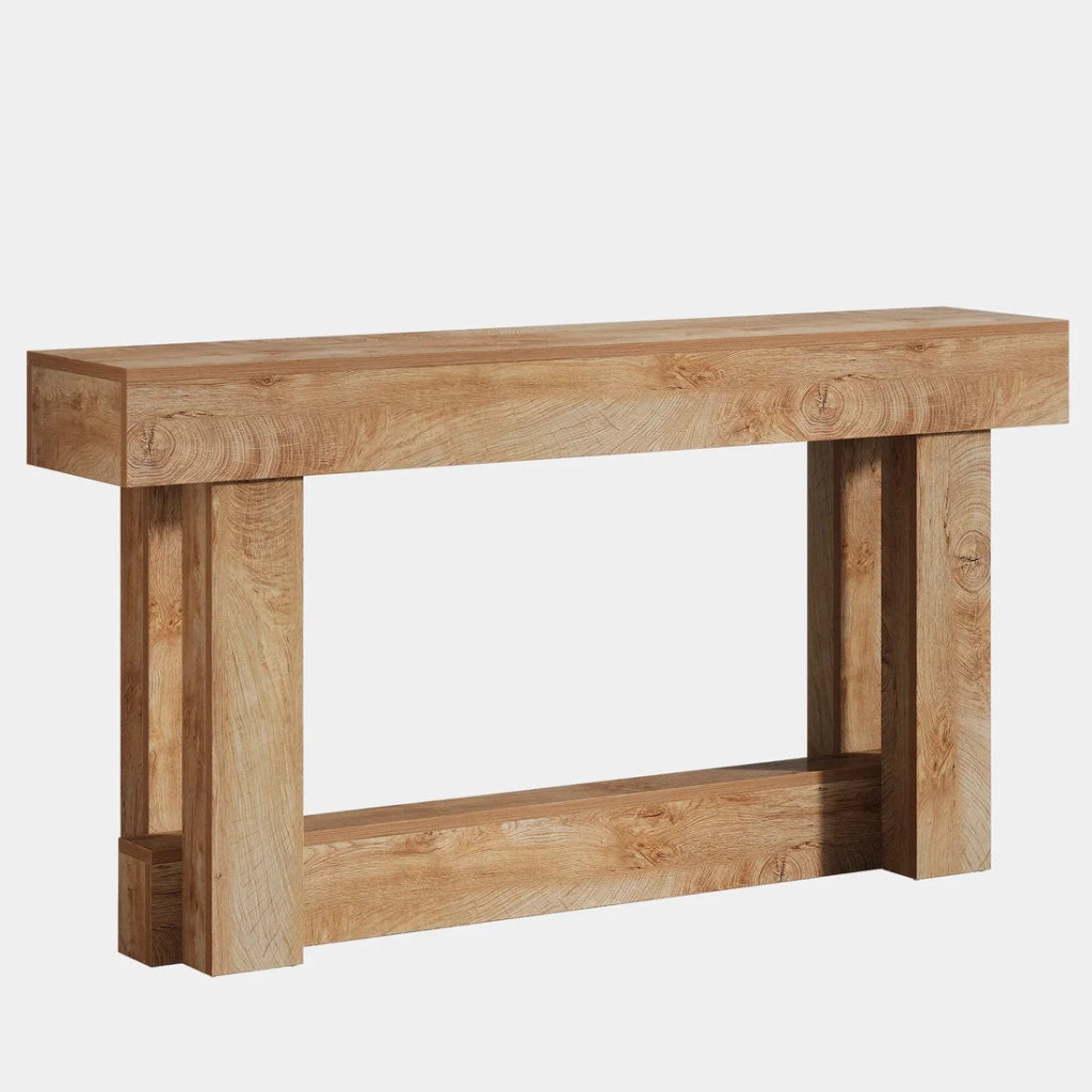 Consolle a due ripiani in legno con base a U stile vintage marrone per ingresso e soggiorno 160 × 30 cm