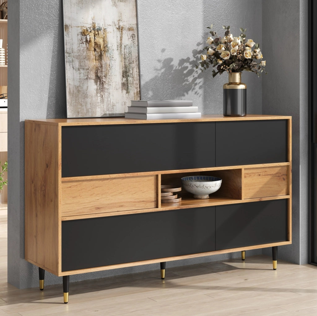 Sideboard bicolore con 2 cassetti; vano aperto e ante a ribalta; MDF e truciolare; nero e naturale