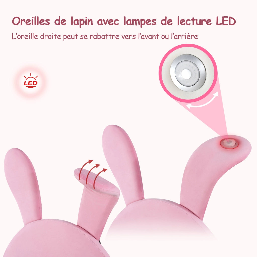 Letto Singolo 90x200 cm; con 2 bauli; LED e orecchie pieghevoli - in velluto rosa