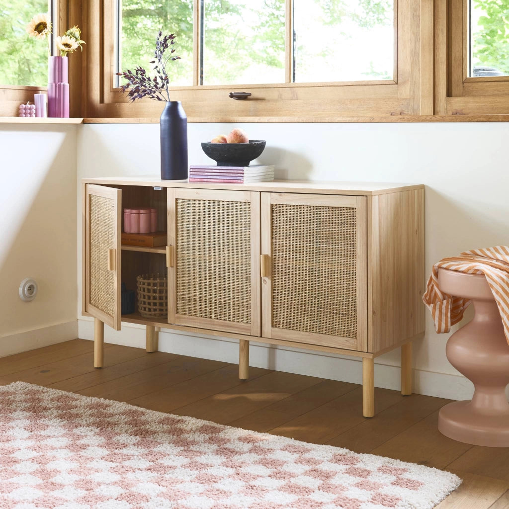 Credenza in vimini ed effetto legno a 3 ante, 120cm, marrone naturale