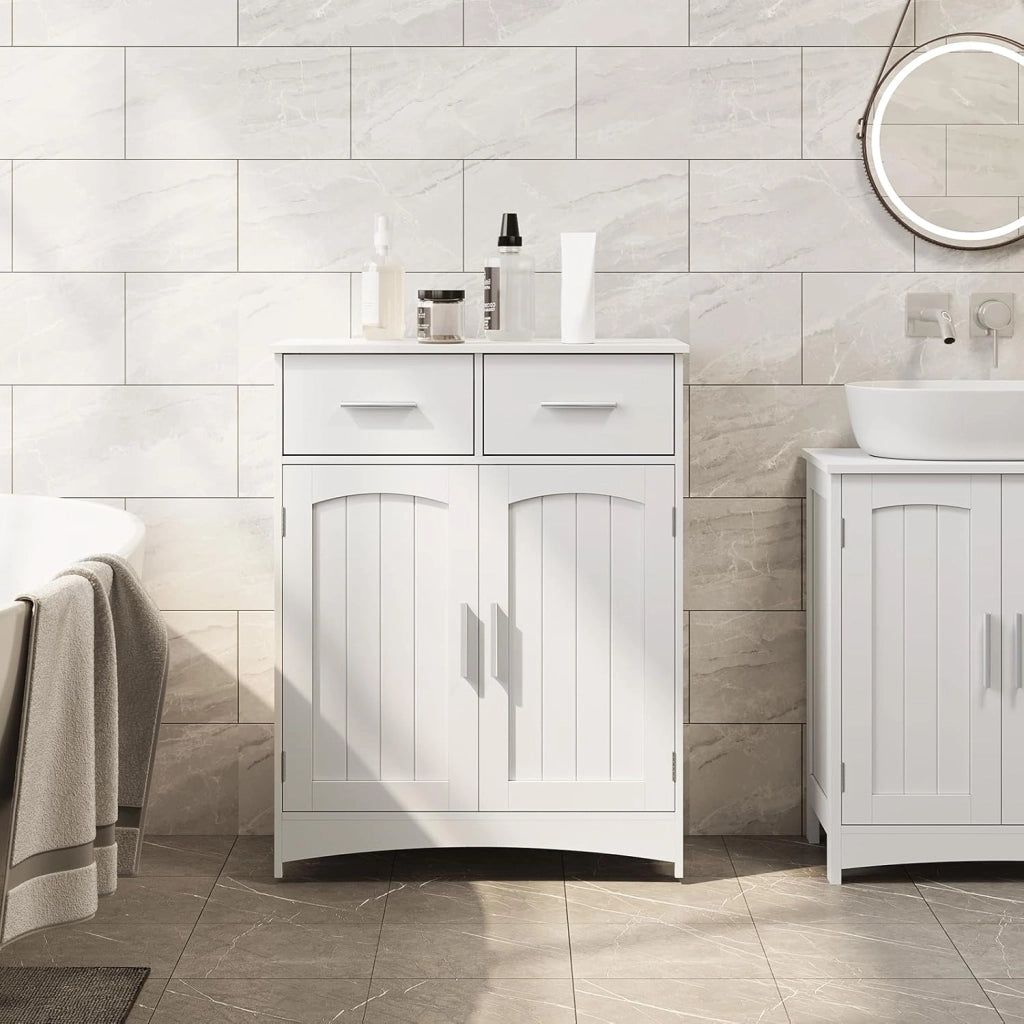 Armadietto da Bagno, Mobile per Bagno Salvaspazio, Mobiletto da Terra con 2 Cassetti e Armadietto a 2 Ante con Ripiano Regolabile, Armadio in Legno, Bianco, 60x30x76 cm