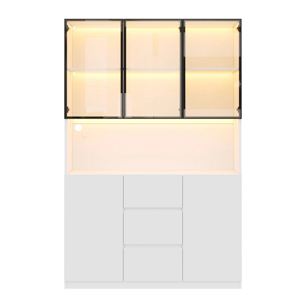 Vetrina in vetro con LED; 3 cassetti e 2 ante; MDF bianco; 120 × 40 × 200 cm