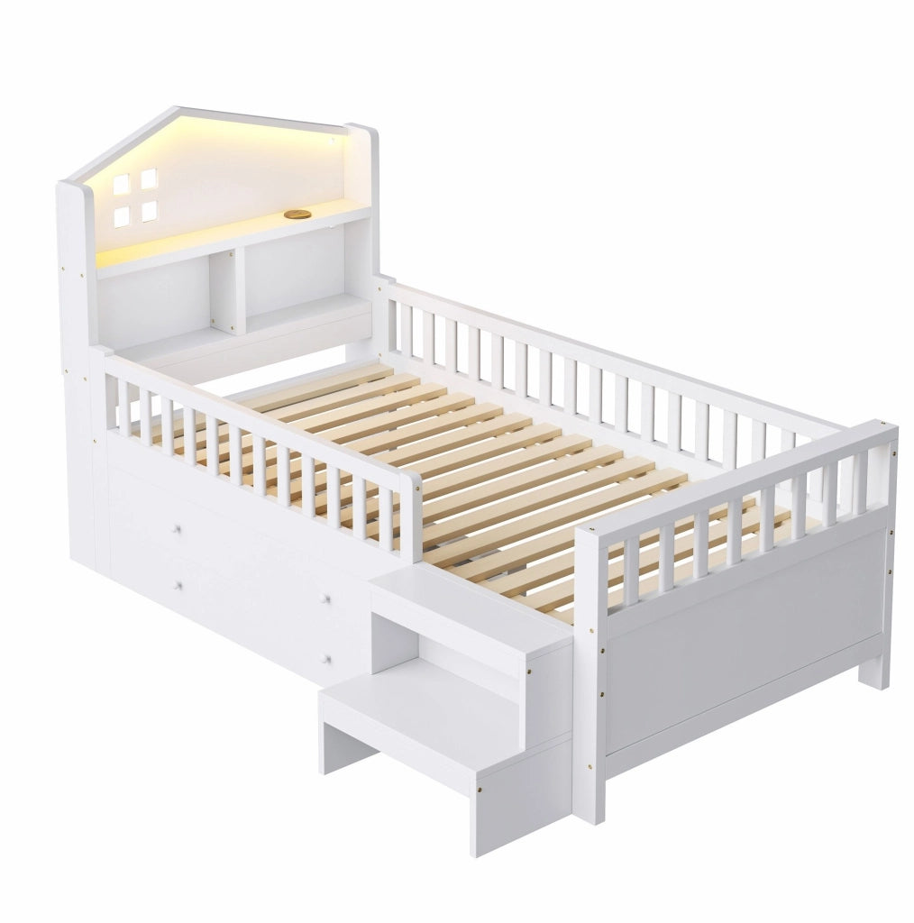 Letto per bambini 90x200 cm con 4 cassetti, LED, USB e USB-C bianco