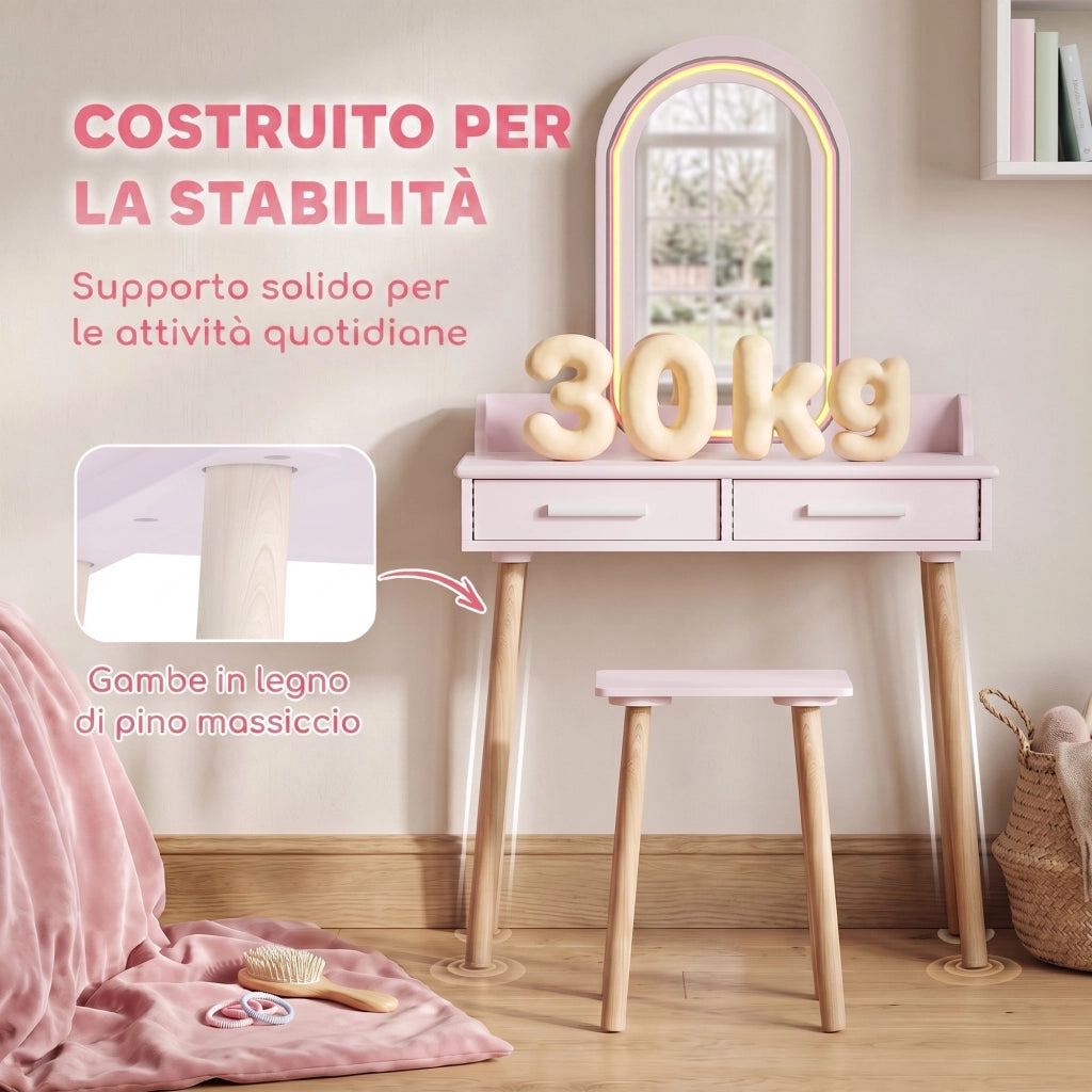 Set Toeletta Trucco Bambina 2 in 1 con Sgabello e LED, 3-8 Anni Rosa