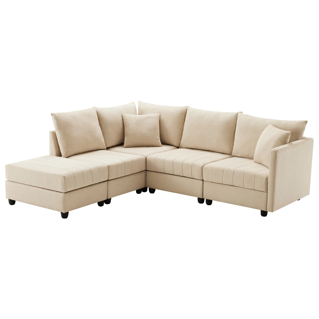divano angolare modulare 5 posti con pouf mobile; tessuto cotone e lino beige 220 Ã— 194 Ã— 85 cm