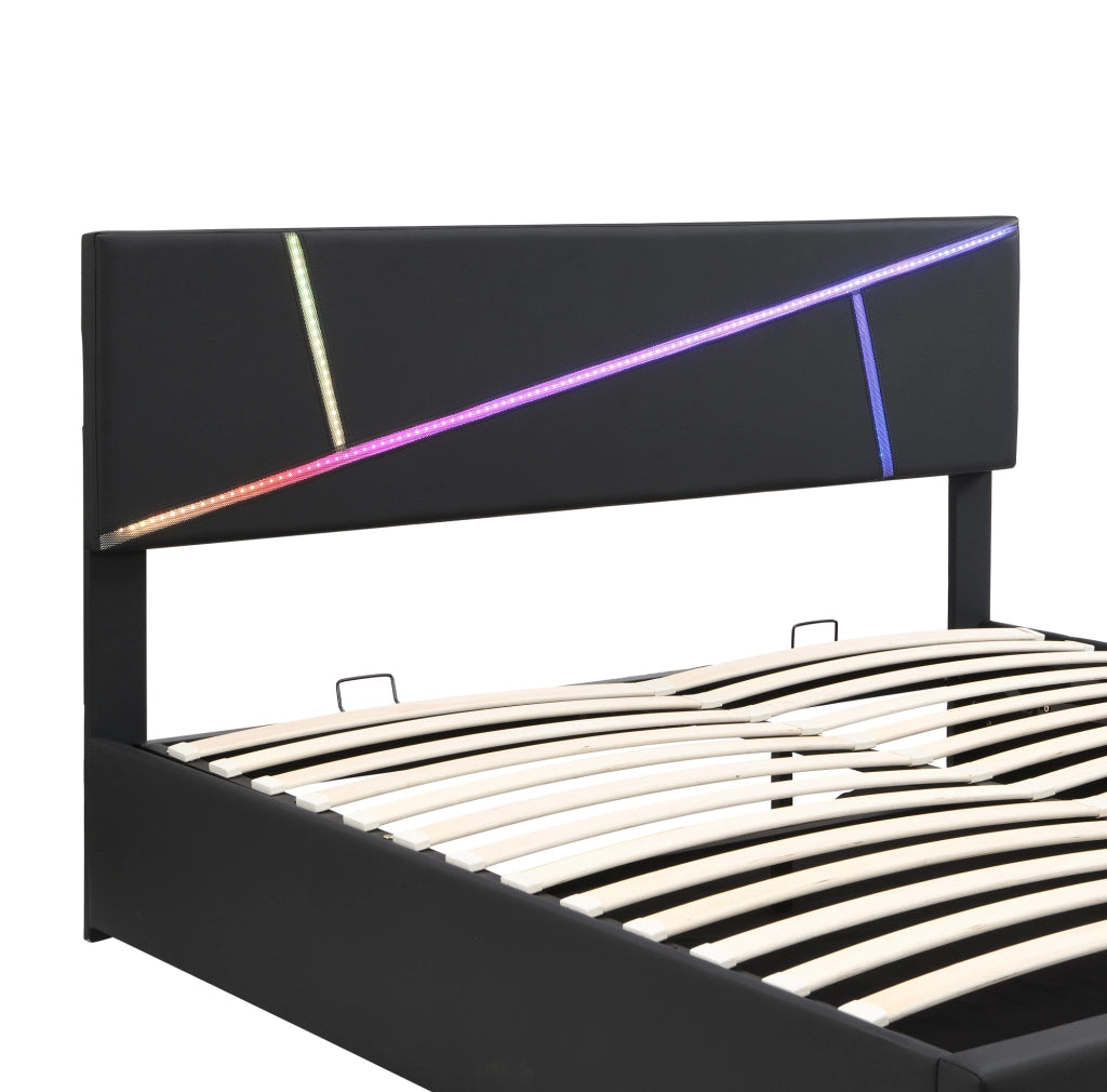 Letto matrimoniale imbottito con LED e contenitore 140x200 cm; in PU nero