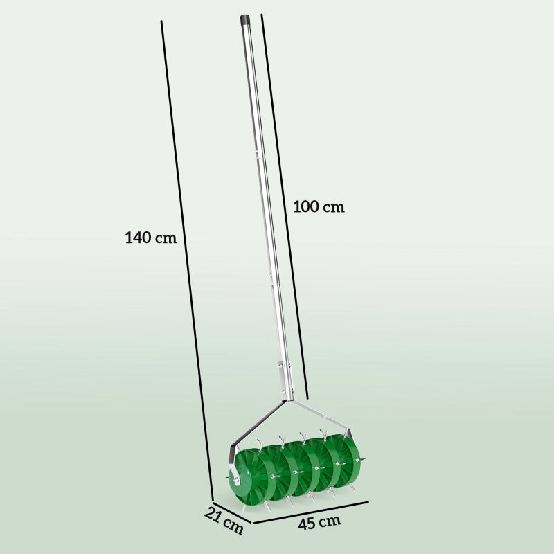 Aeratore manuale per prato in acciaio verde, larghezza 45 cm, con rullo a 30 punte