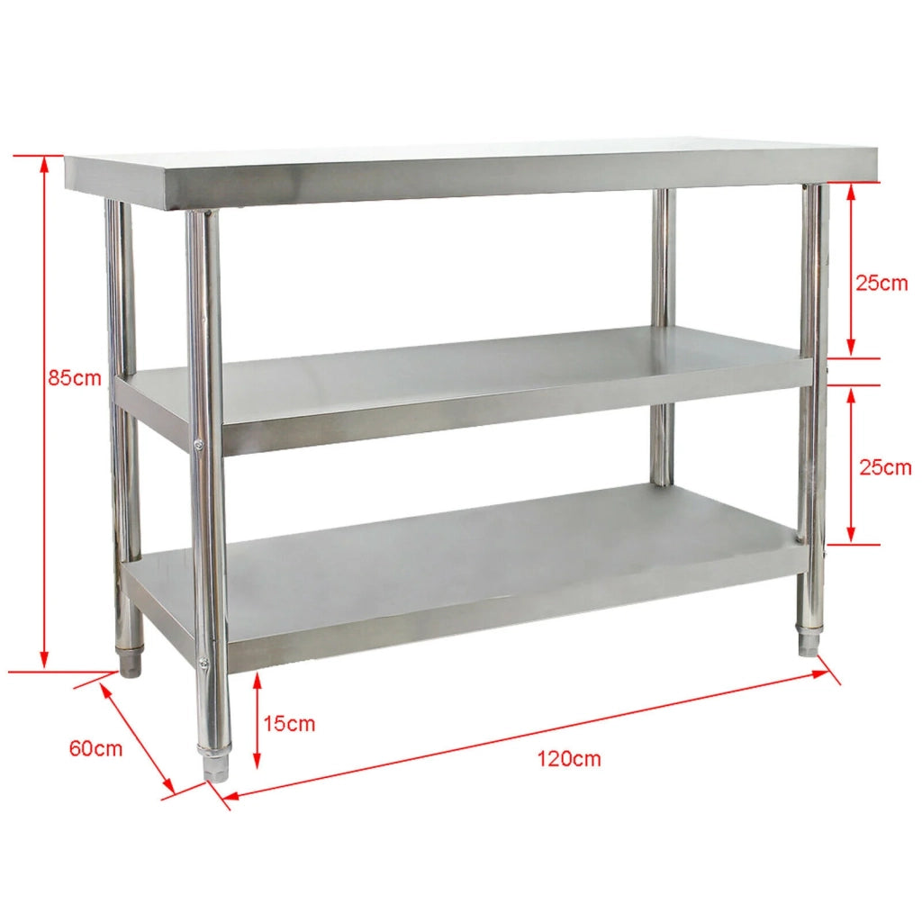 Tavolo da lavoro in acciaio raffinato 120 x 60 x 85 cm 2 ripiani gambe regolabili in altezza 16_0002498