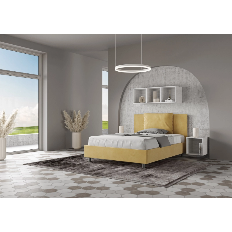 Letto imbottito Matrimoniale francese 140x200 cm Antea - Con rete,Microfibra,Ocra