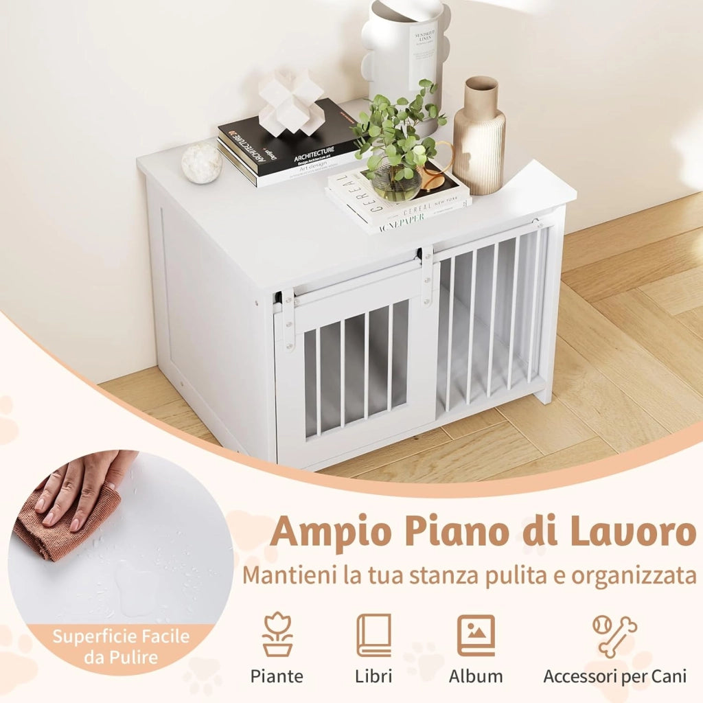 Cuccia per Cani da Esterno ed Interno, Gabbia in Legno con Ampio Piano Superiore, Porta Scorrevole, Tubi in Metallo Resistenti alla Masticazione, Casetta per Cani Piccoli e Medie (Bianco)