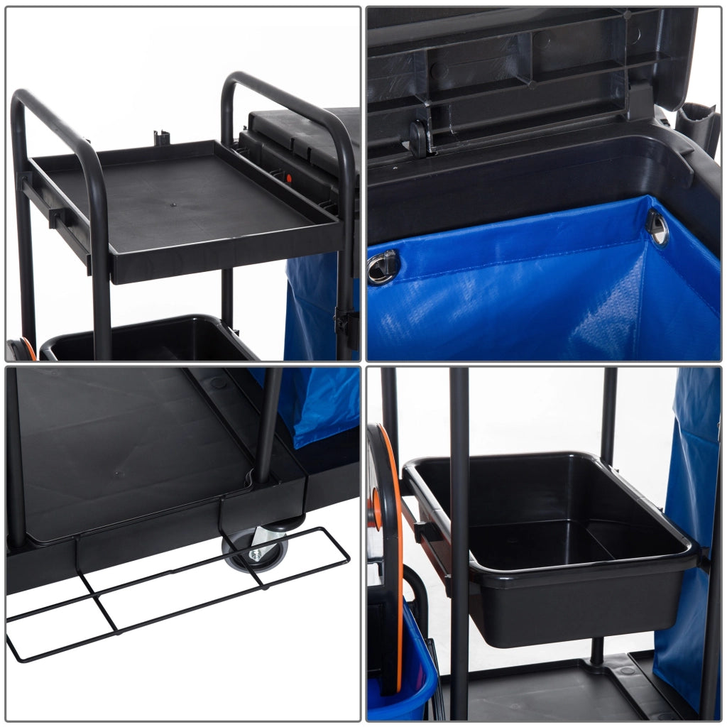 EasyComfort Carrello Pulizie Professionale a 3 Ripiani con Sacco per Immondizia, Ganci per Scopa, Secchio Lavapavimenti con Strizzatore per Mocio e 5 Ruote, per Hotel e Albergo, 111x63.3x103 cm, Nero