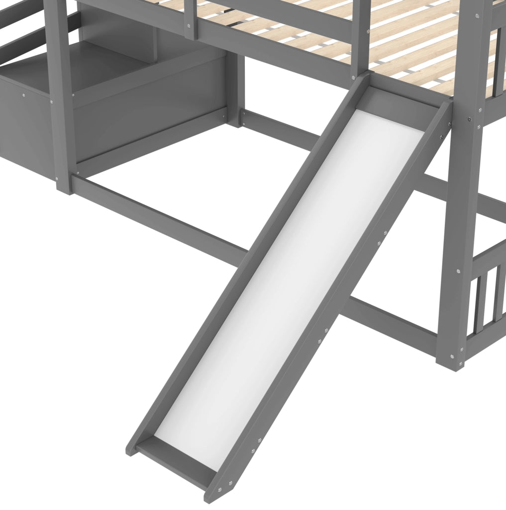 Letto a castello 90x200 cm con scivolo e vano portaoggetti in pino grigio