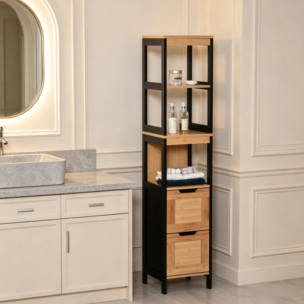 ARMADIO BAGNO alto 30x30x144,3 cm Bambù e MDF Nero/Naturale