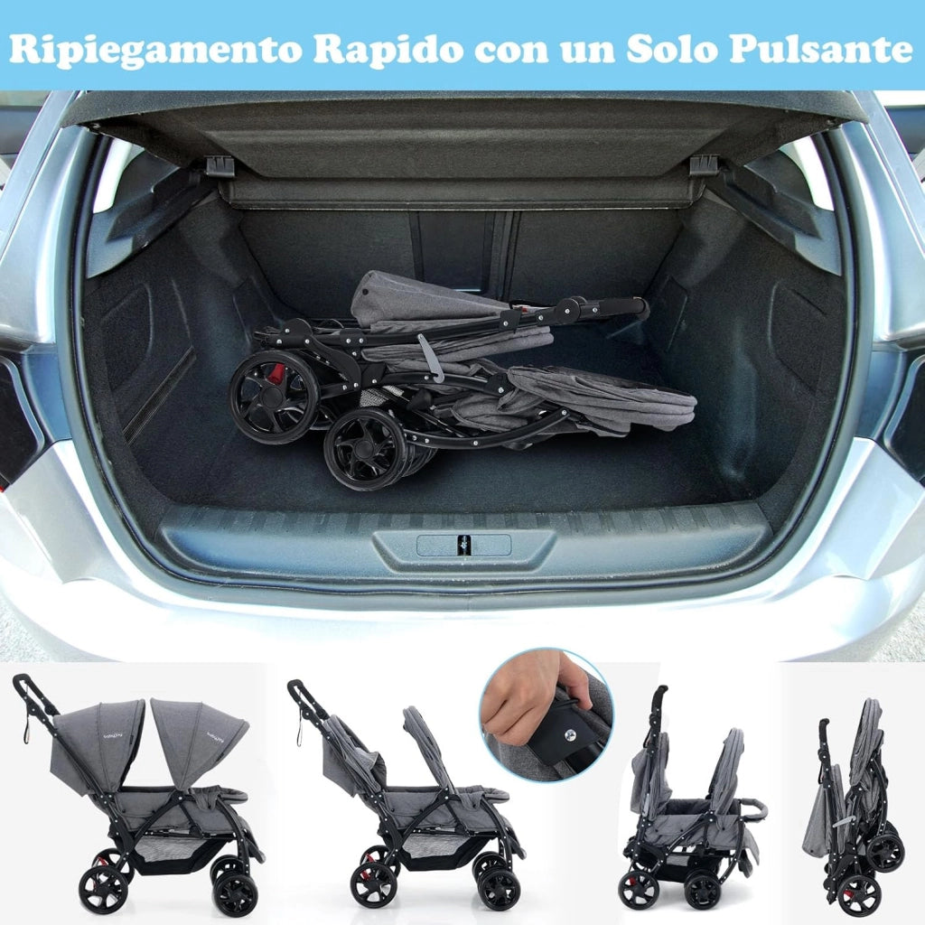 Passeggino Doppio Pieghevole per Bambini, Passeggino Gemellare Pieghevole, con Seduta in Tandem e Tettuccio, Schienale Regolabile, Ruote Bloccabili e Antiurto, Portata Totale 30 kg (Grigio)