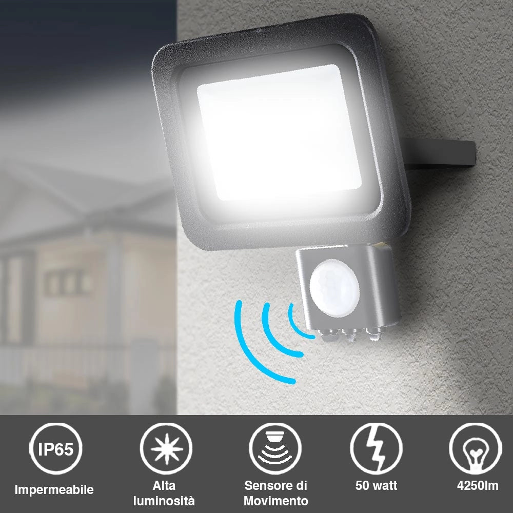Faro LED 50W Luce Alta Luminosita 4250lm Faretto esterno con Sensore Movimento