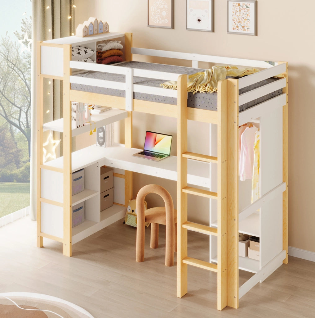 Letto a soppalco 90x200 cm con scrivania, scaffali e armadio
