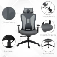Sedia da Ufficio Reclinabile con Poggiatesta, Supporto Lombare e Altezza Regolabili, Grigio