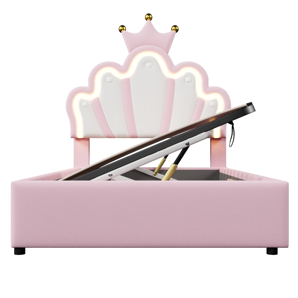 Letto imbottito 90x200 cm in PU rosa con testiera regolabile; LED e contenitore idraulico