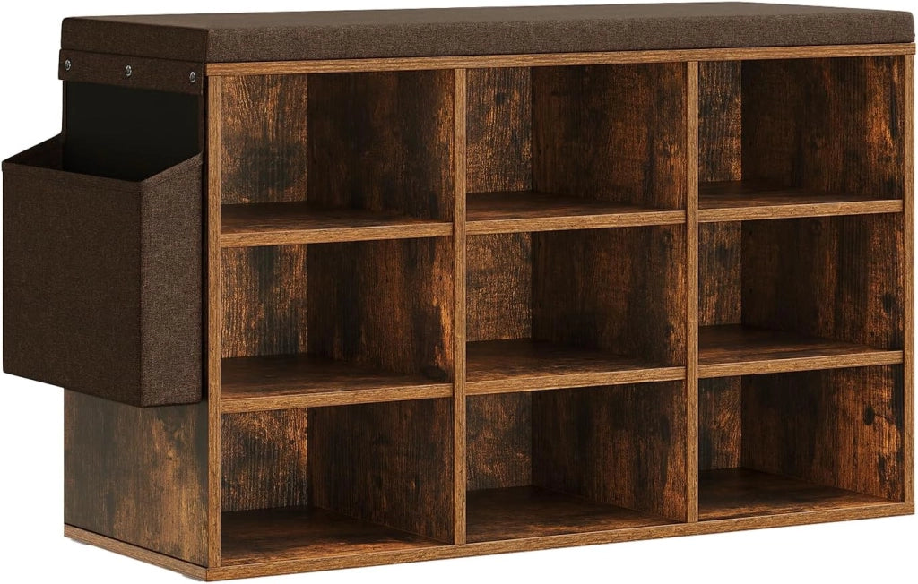 WOLTU Panca Scarpiera da Ingresso, Scaffale Porta Scarpe a 9 Scomparti con Seduta Imbottita, Mobile da Ingresso Salvaspazio in Legno, Marrone Rustico+Marrone, 76,8x30x48,5 cm