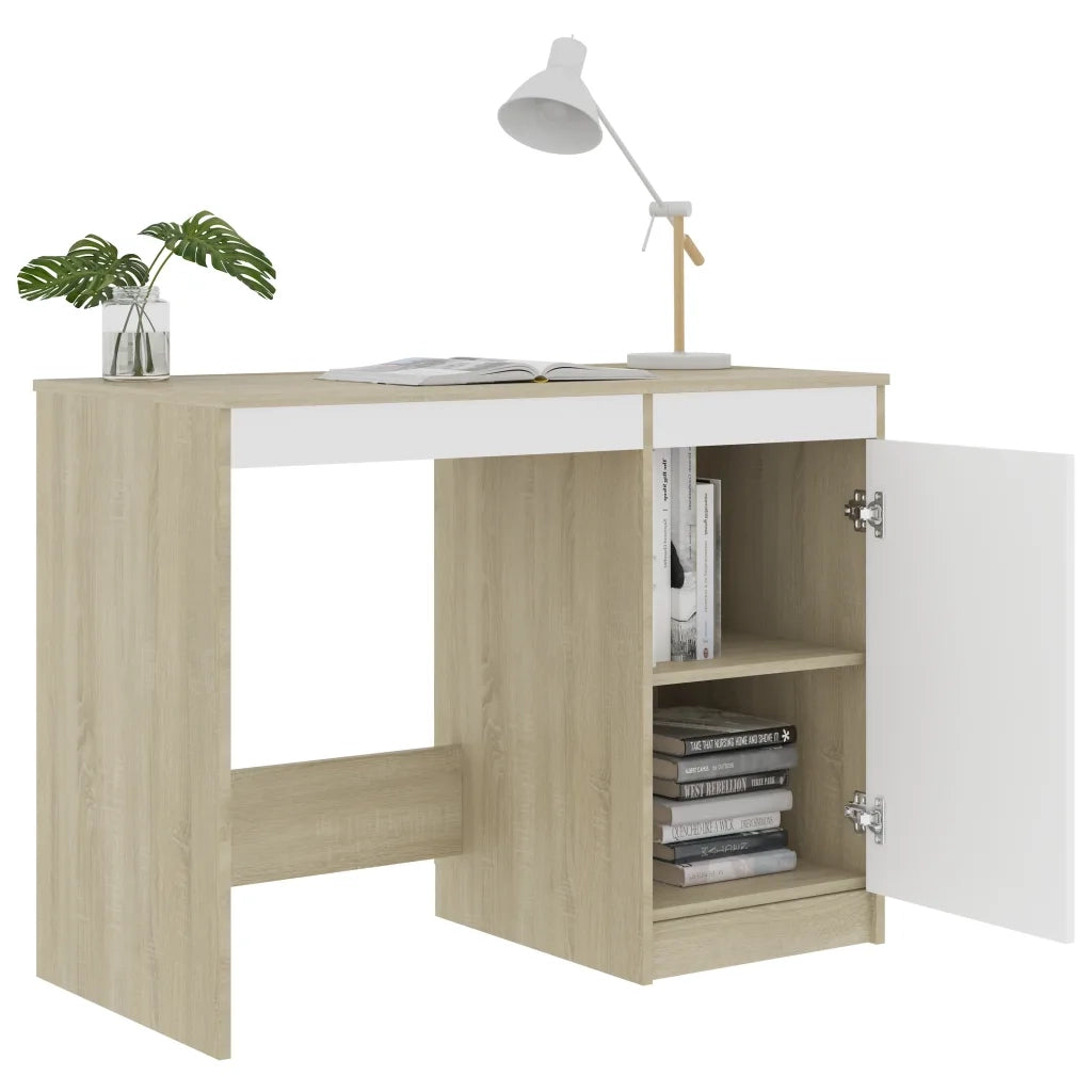 Scrivania Bianca e Rovere Sonoma 100x50x76 cm Legno Multistrato
